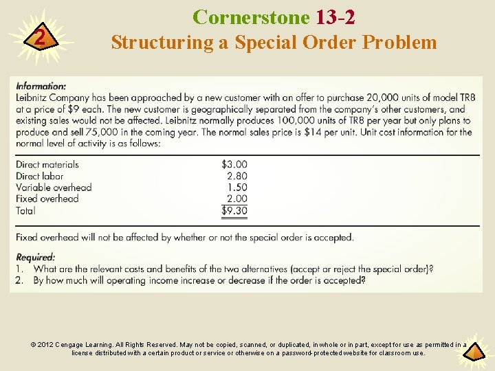 2 Cornerstone 13 -2 Structuring a Special Order Problem © 2012 Cengage Learning. All