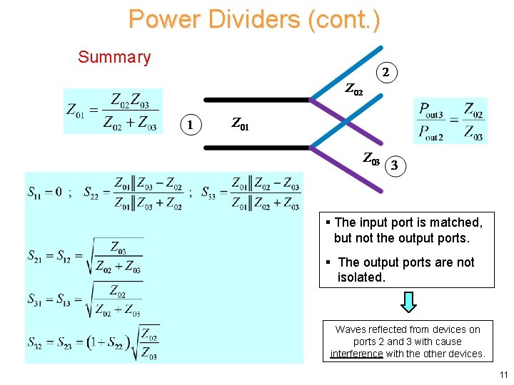 Power Dividers (cont. ) Summary § The input port is matched, but not the
