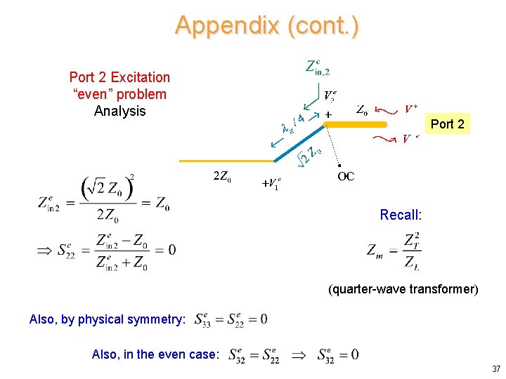 Appendix (cont. ) Port 2 Excitation “even” problem Analysis Port 2 Recall: (quarter-wave transformer)