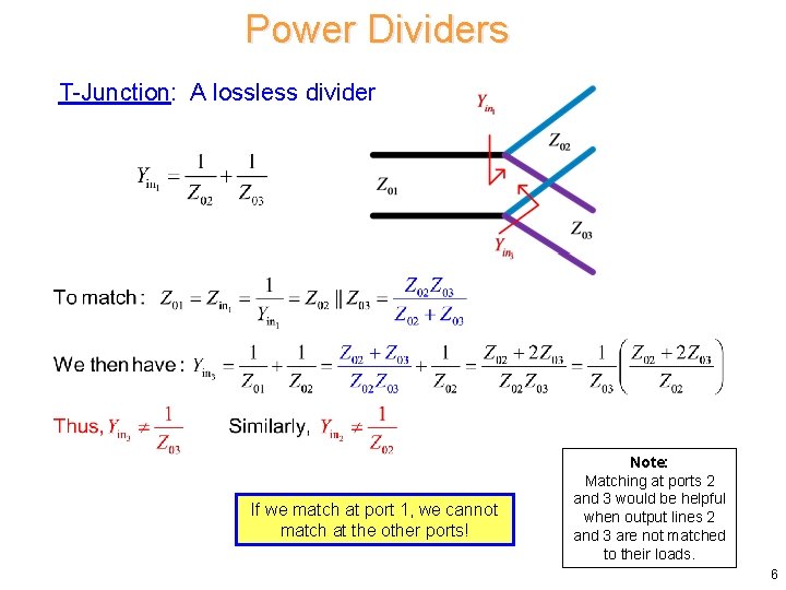 Power Dividers T-Junction: A lossless divider If we match at port 1, we cannot