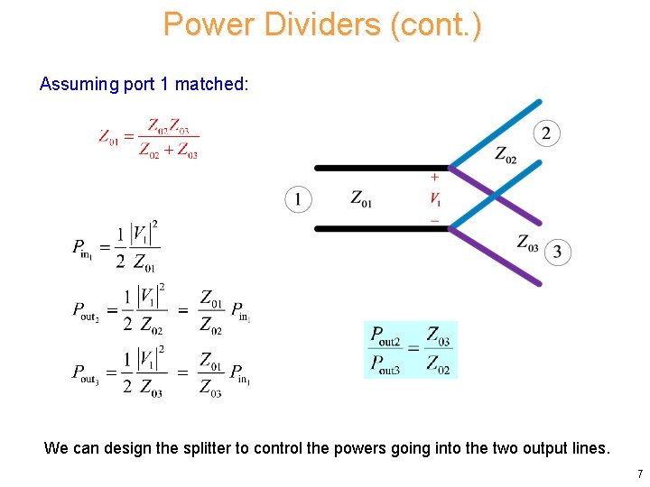 Power Dividers (cont. ) Assuming port 1 matched: We can design the splitter to