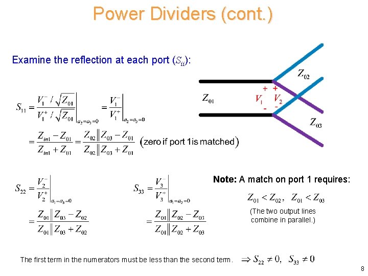 Power Dividers (cont. ) Examine the reflection at each port (Sii): Note: A match