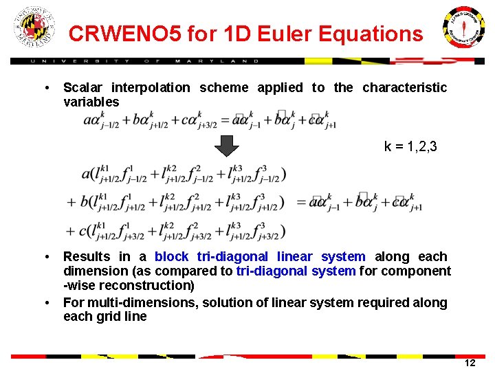 CRWENO 5 for 1 D Euler Equations • Scalar interpolation scheme applied to the