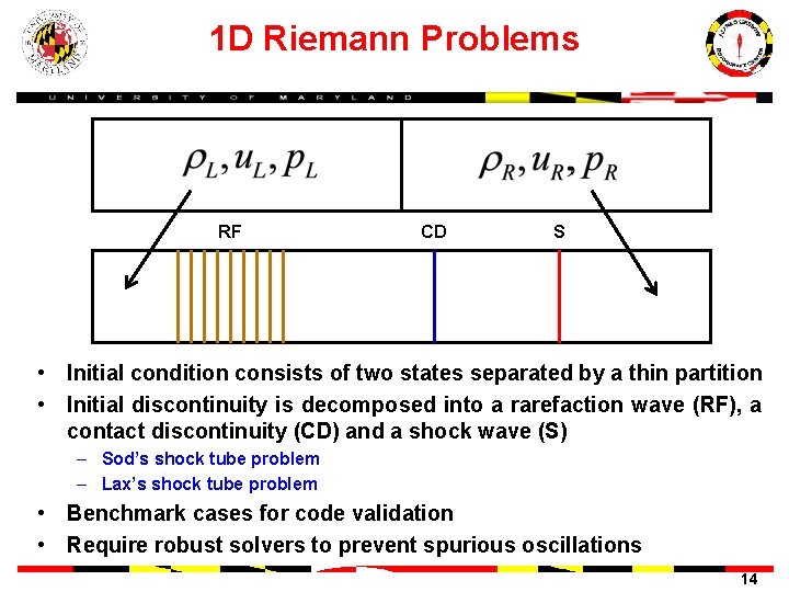 1 D Riemann Problems RF CD S • Initial condition consists of two states