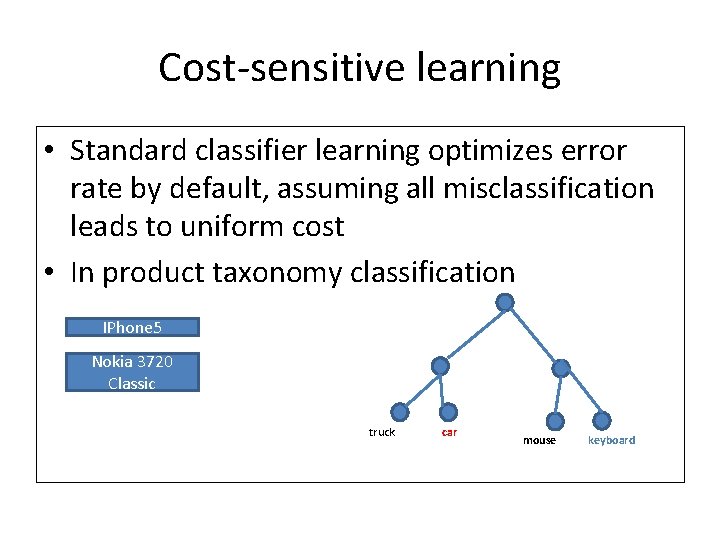 Cost-sensitive learning • Standard classifier learning optimizes error rate by default, assuming all misclassification