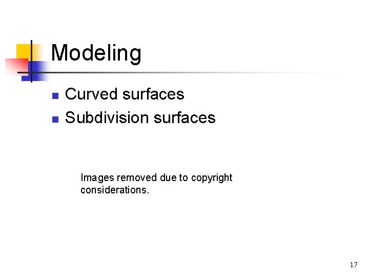 Modeling n n Curved surfaces Subdivision surfaces Images removed due to copyright considerations. 17