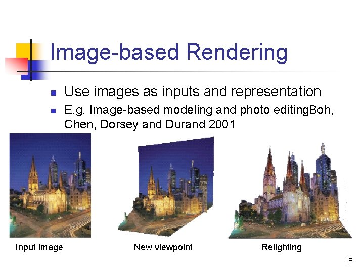 Image-based Rendering n n Input image Use images as inputs and representation E. g.