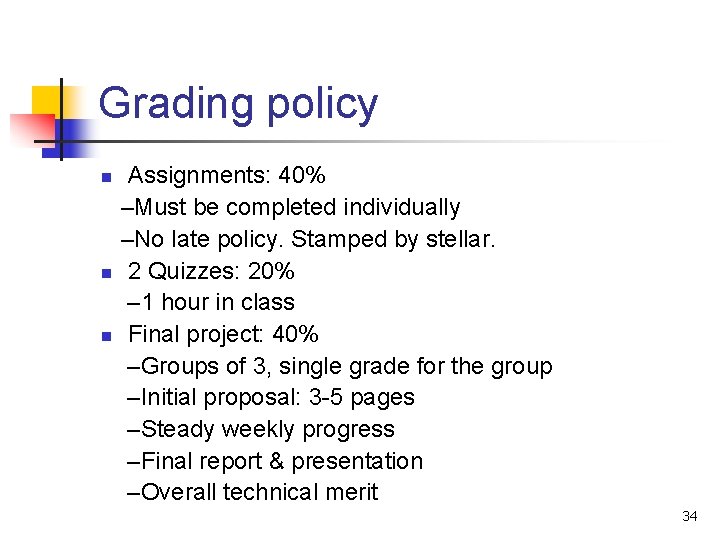 Grading policy n n n Assignments: 40% –Must be completed individually –No late policy.