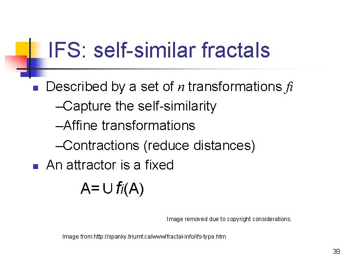 IFS: self-similar fractals n n Described by a set of n transformations fi –Capture