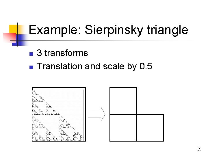 Example: Sierpinsky triangle n n 3 transforms Translation and scale by 0. 5 39