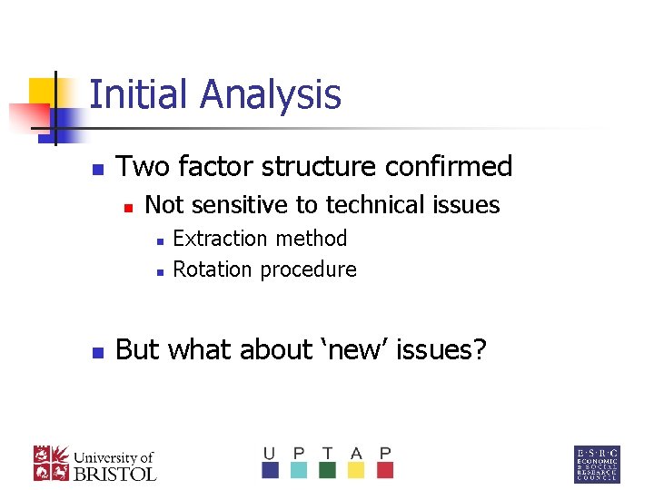 Initial Analysis n Two factor structure confirmed n Not sensitive to technical issues n