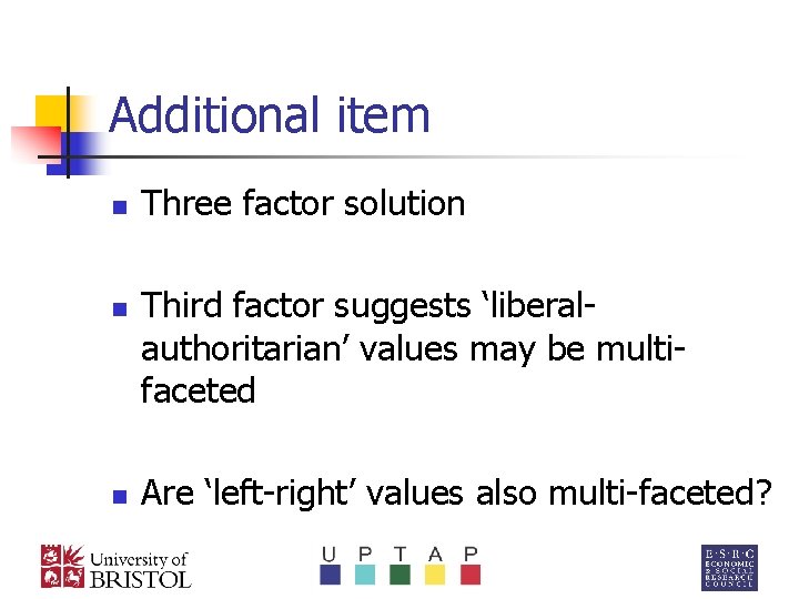 Additional item n n n Three factor solution Third factor suggests ‘liberalauthoritarian’ values may