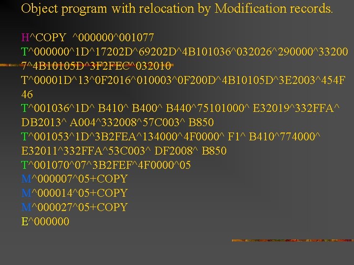 Object program with relocation by Modification records. H^COPY ^000000^001077 T^000000^1 D^17202 D^69202 D^4 B