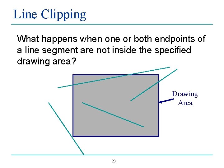 Line Clipping What happens when one or both endpoints of a line segment are