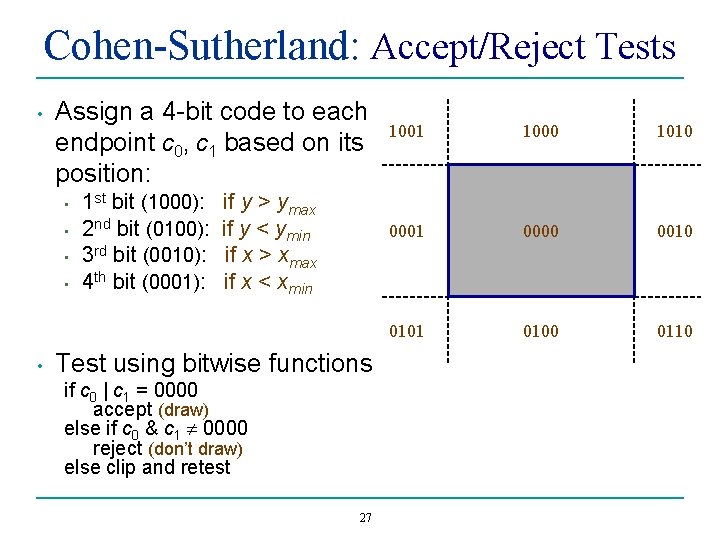 Cohen-Sutherland: Accept/Reject Tests • Assign a 4 -bit code to each endpoint c 0,