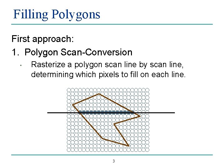 Filling Polygons First approach: 1. Polygon Scan-Conversion • Rasterize a polygon scan line by