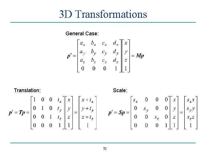 3 D Transformations General Case: Translation: Scale: 70 