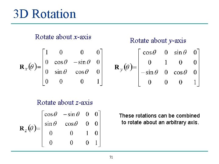 3 D Rotation Rotate about x-axis Rotate about y-axis Rotate about z-axis These rotations