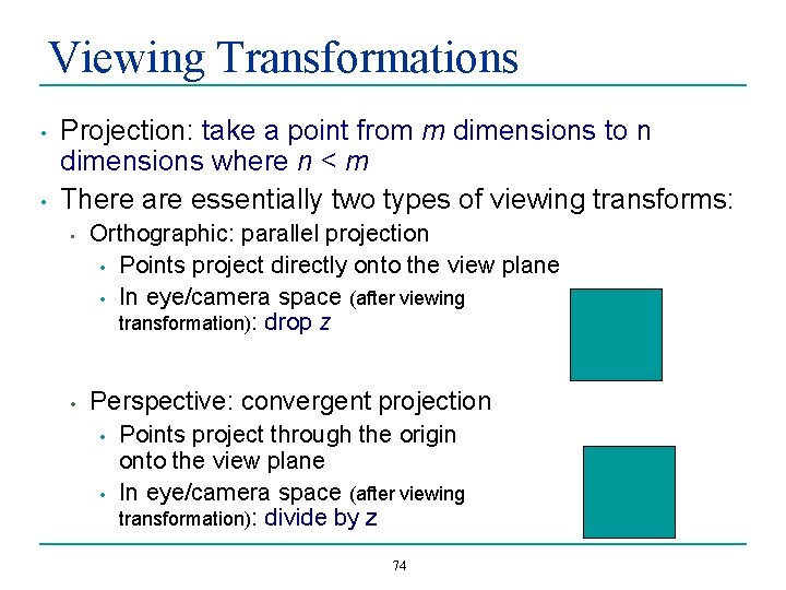 Viewing Transformations • • Projection: take a point from m dimensions to n dimensions