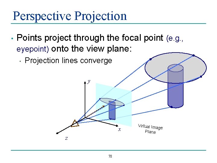 Perspective Projection • Points project through the focal point (e. g. , eyepoint) onto