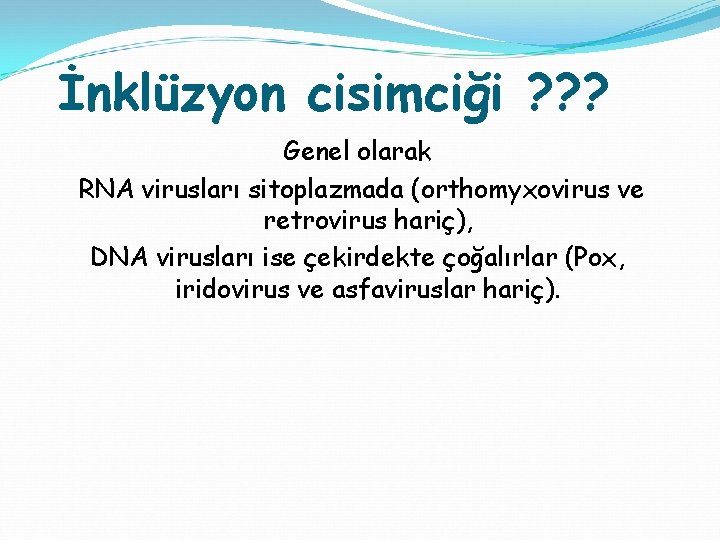 İnklüzyon cisimciği ? ? ? Genel olarak RNA virusları sitoplazmada (orthomyxovirus ve retrovirus hariç),