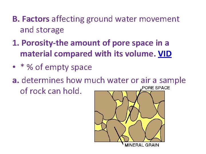 B. Factors affecting ground water movement and storage 1. Porosity-the amount of pore space