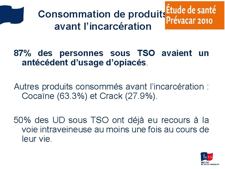 Consommation de produits avant l’incarcération 87% des personnes sous TSO avaient un antécédent d’usage