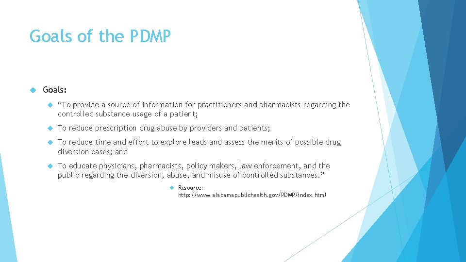 Goals of the PDMP Goals: “To provide a source of information for practitioners and