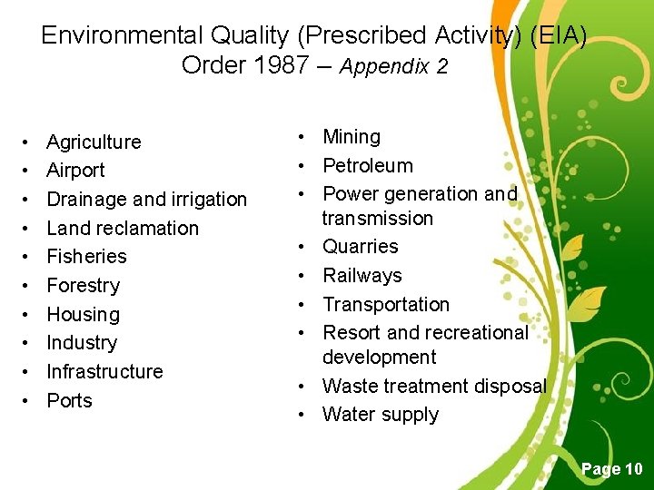 Environmental Quality (Prescribed Activity) (EIA) Order 1987 – Appendix 2 • • • Agriculture Environmental Quality (Prescribed Activity) (EIA) Order 1987 – Appendix 2 • • • Agriculture