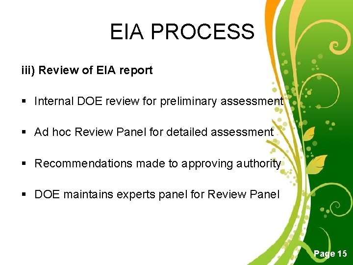 EIA PROCESS iii) Review of EIA report § Internal DOE review for preliminary assessment EIA PROCESS iii) Review of EIA report § Internal DOE review for preliminary assessment