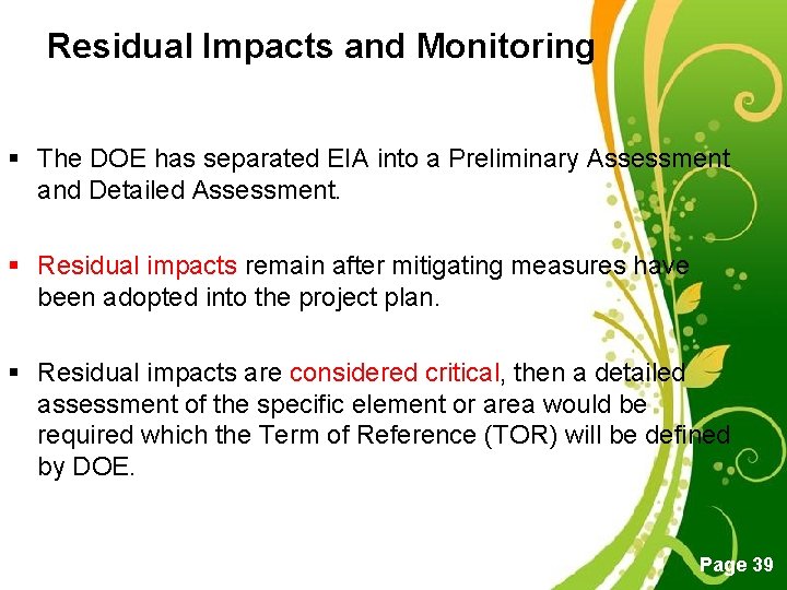 Residual Impacts and Monitoring § The DOE has separated EIA into a Preliminary Assessment Residual Impacts and Monitoring § The DOE has separated EIA into a Preliminary Assessment