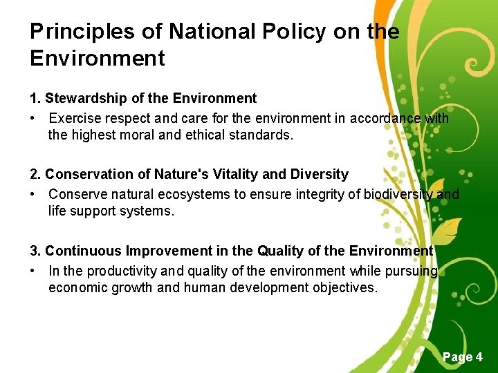 Principles of National Policy on the Environment 1. Stewardship of the Environment • Exercise Principles of National Policy on the Environment 1. Stewardship of the Environment • Exercise