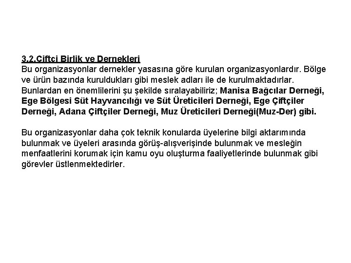 3. 2. Çiftçi Birlik ve Dernekleri Bu organizasyonlar dernekler yasasına göre kurulan organizasyonlardır. Bölge