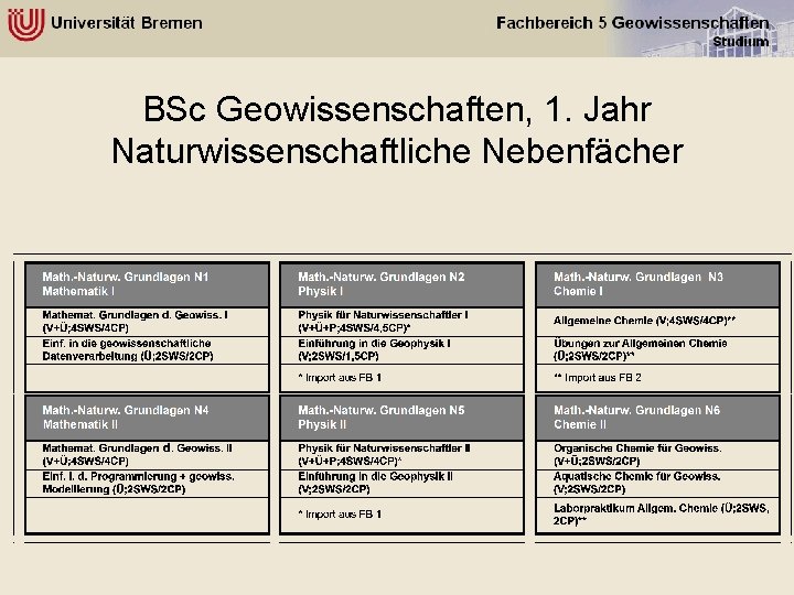 BSc Geowissenschaften, 1. Jahr Naturwissenschaftliche Nebenfächer 