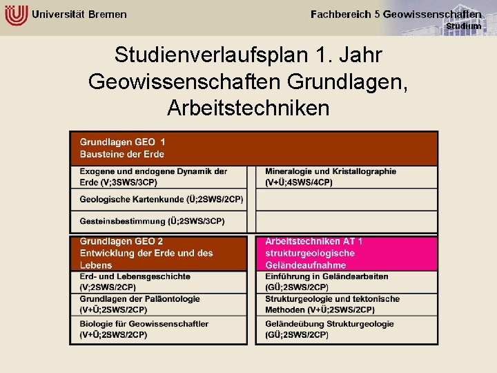 Studienverlaufsplan 1. Jahr Geowissenschaften Grundlagen, Arbeitstechniken 