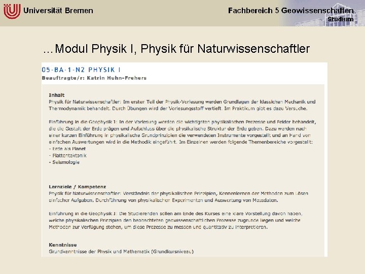 …Modul Physik I, Physik für Naturwissenschaftler 