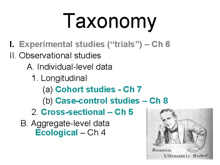 Taxonomy I. Experimental studies (“trials”) – Ch 6 II. Observational studies A. Individual-level data