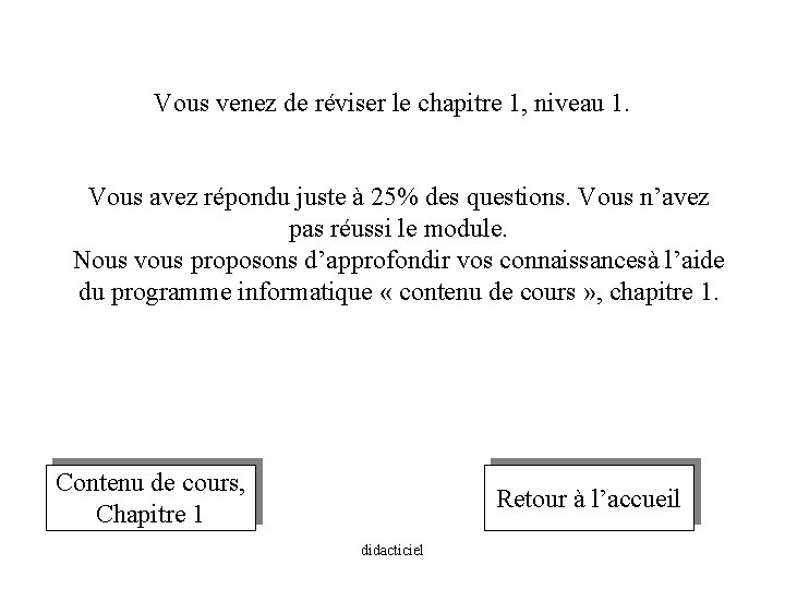 Vous venez de réviser le chapitre 1, niveau 1. Vous avez répondu juste à
