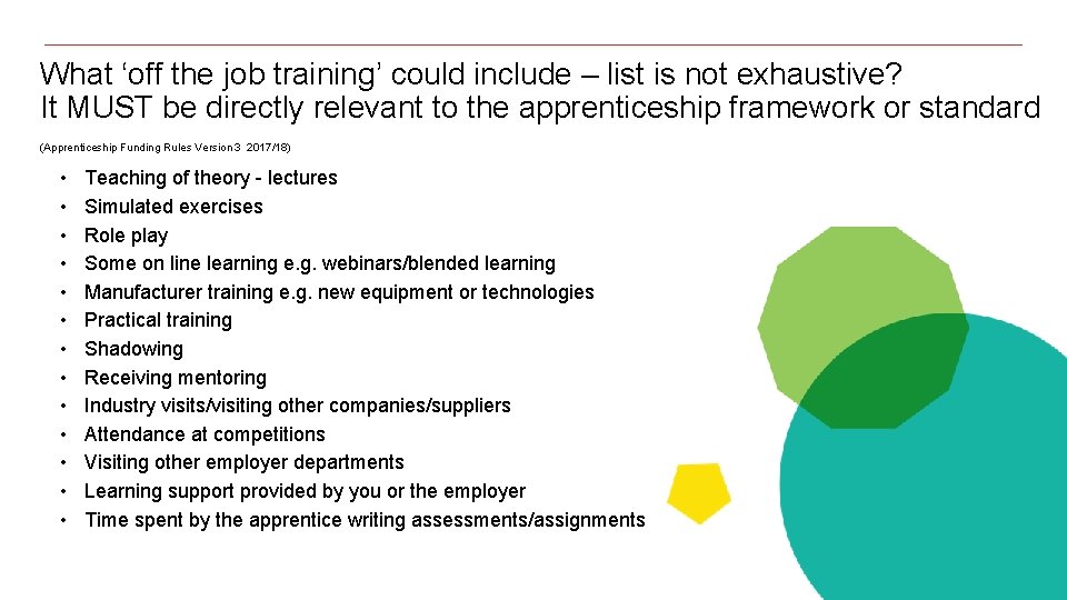 What ‘off the job training’ could include – list is not exhaustive? It MUST