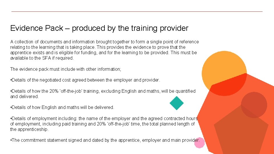 Evidence Pack – produced by the training provider A collection of documents and information