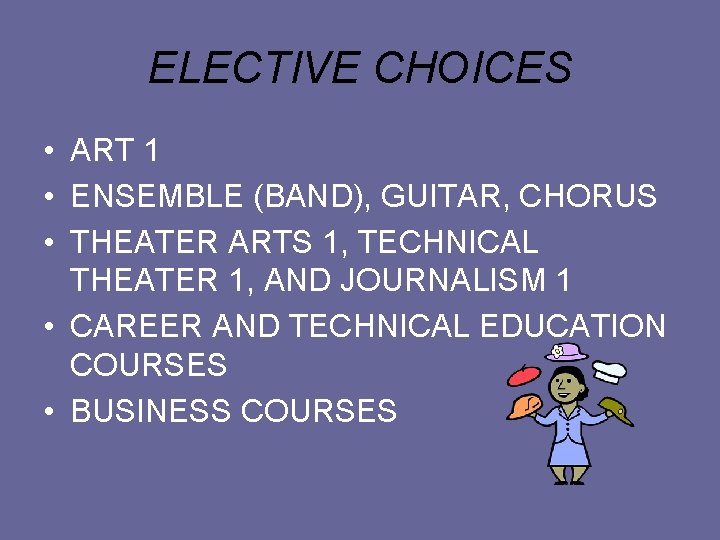 ELECTIVE CHOICES • ART 1 • ENSEMBLE (BAND), GUITAR, CHORUS • THEATER ARTS 1,