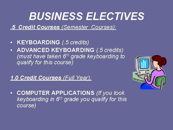 BUSINESS ELECTIVES. 5 Credit Courses (Semester Courses): • KEYBOARDING (. 5 credits) • ADVANCED
