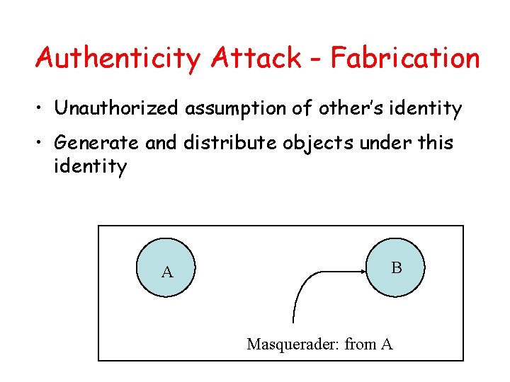 Authenticity Attack - Fabrication • Unauthorized assumption of other’s identity • Generate and distribute