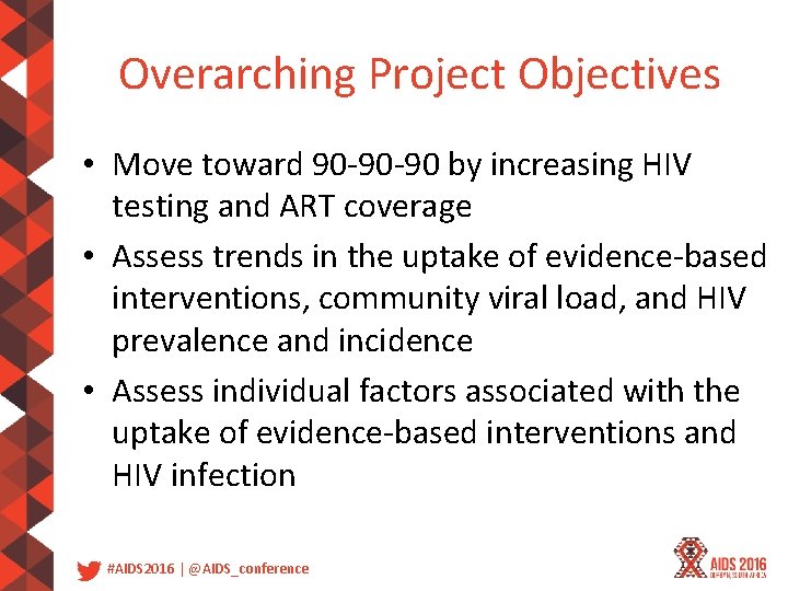 Overarching Project Objectives • Move toward 90‐ 90 by increasing HIV testing and ART