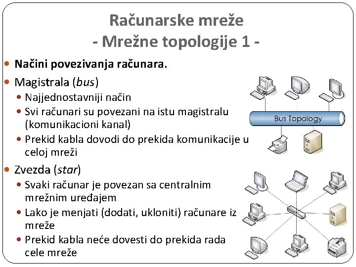 Računarske mreže - Mrežne topologije 1 Načini povezivanja računara. Magistrala (bus) Najjednostavniji način Svi