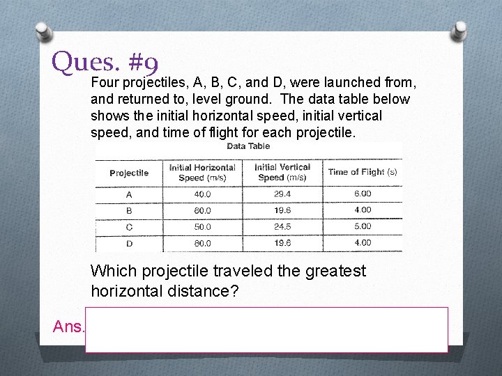 Ques. #9 Four projectiles, A, B, C, and D, were launched from, and returned