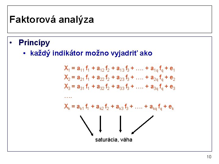 Faktorová analýza • Princípy • každý indikátor možno vyjadriť ako X 1 = a