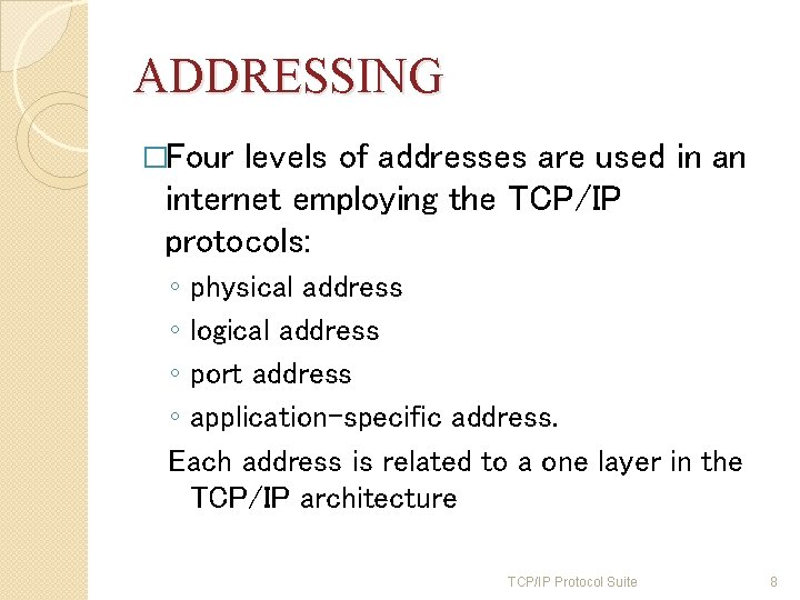 ADDRESSING �Four levels of addresses are used in an internet employing the TCP/IP protocols: