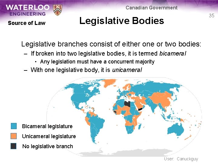 Canadian Government Source of Law Legislative Bodies Legislative branches consist of either one or