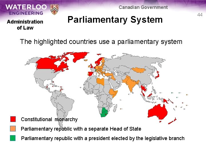 Canadian Government Administration of Law Parliamentary System The highlighted countries use a parliamentary system